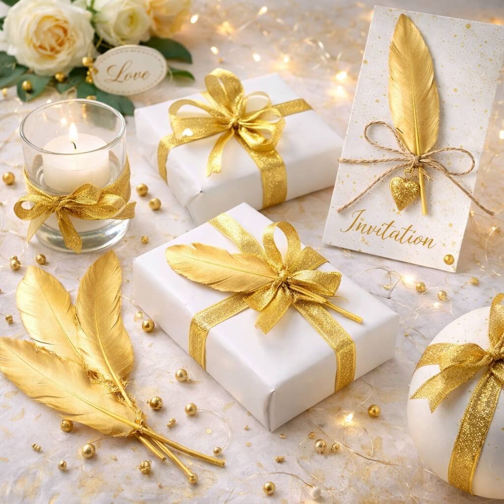 DIY gaveindpakning og invitation pyntet med guld fjer og gyldne bånd