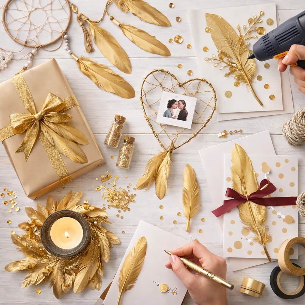Kreativ hobbybord med DIY projekter og guld fjer til pynt og dekoration