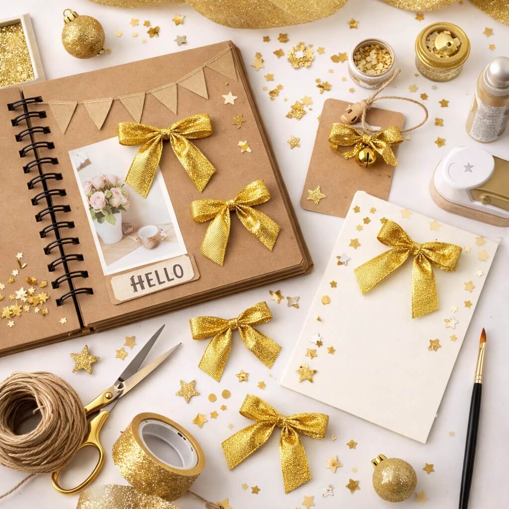 Kreativ hobbybord med scrapbog og guld lamé sløjfer til dekoration