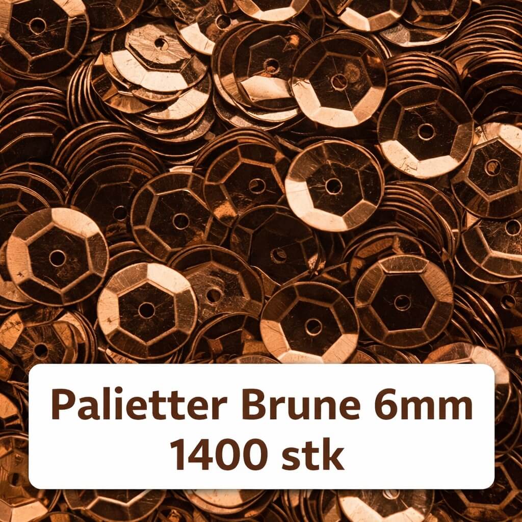 Produktbillede af brune palietter 6mm med tekst “Palietter Brune 6mm 1400 stk”