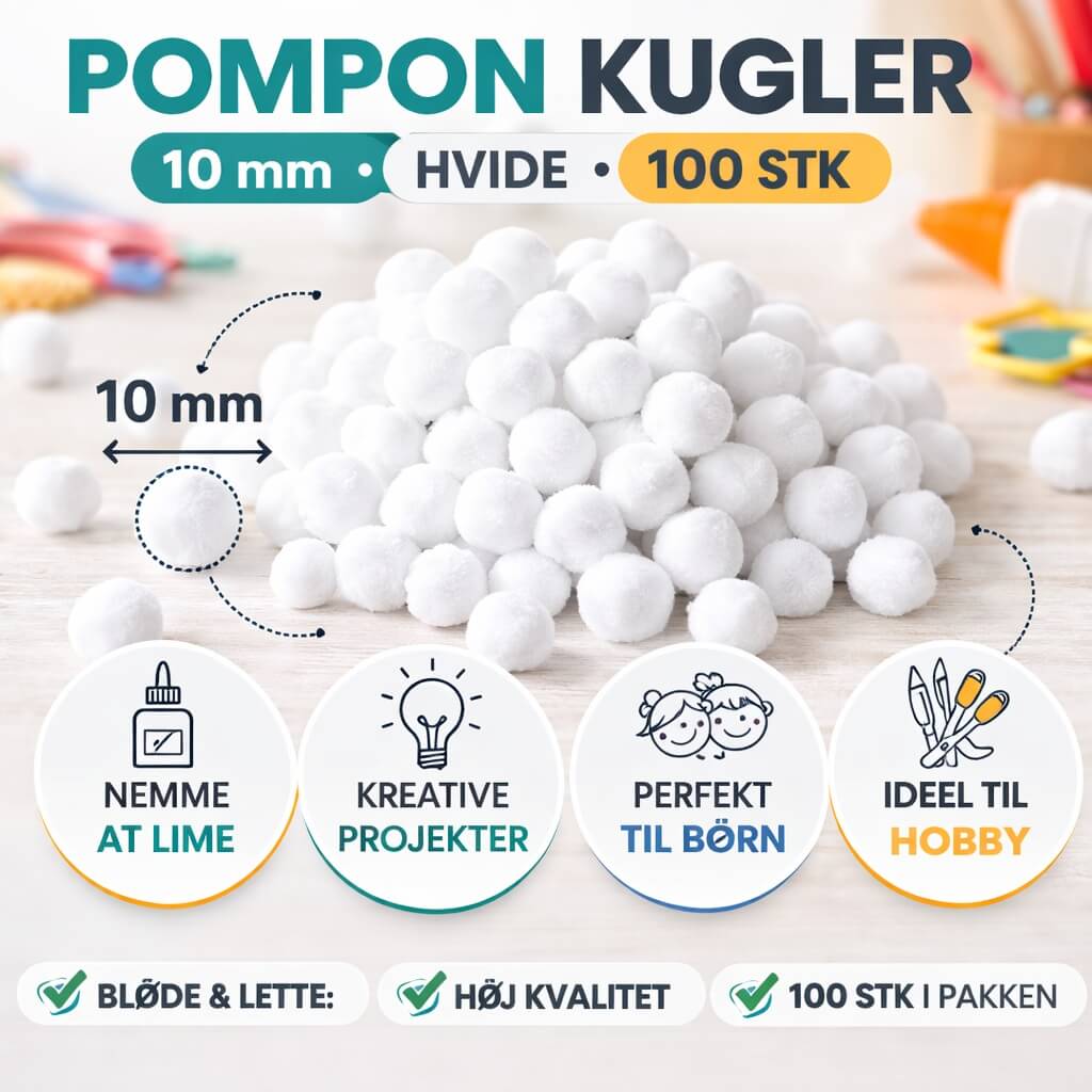 Pompon kugler 10 mm hvide 100 stk infografik – små hobby pomponer til DIY projekter, børnehobby, scrapbooking og kreative dekorationer