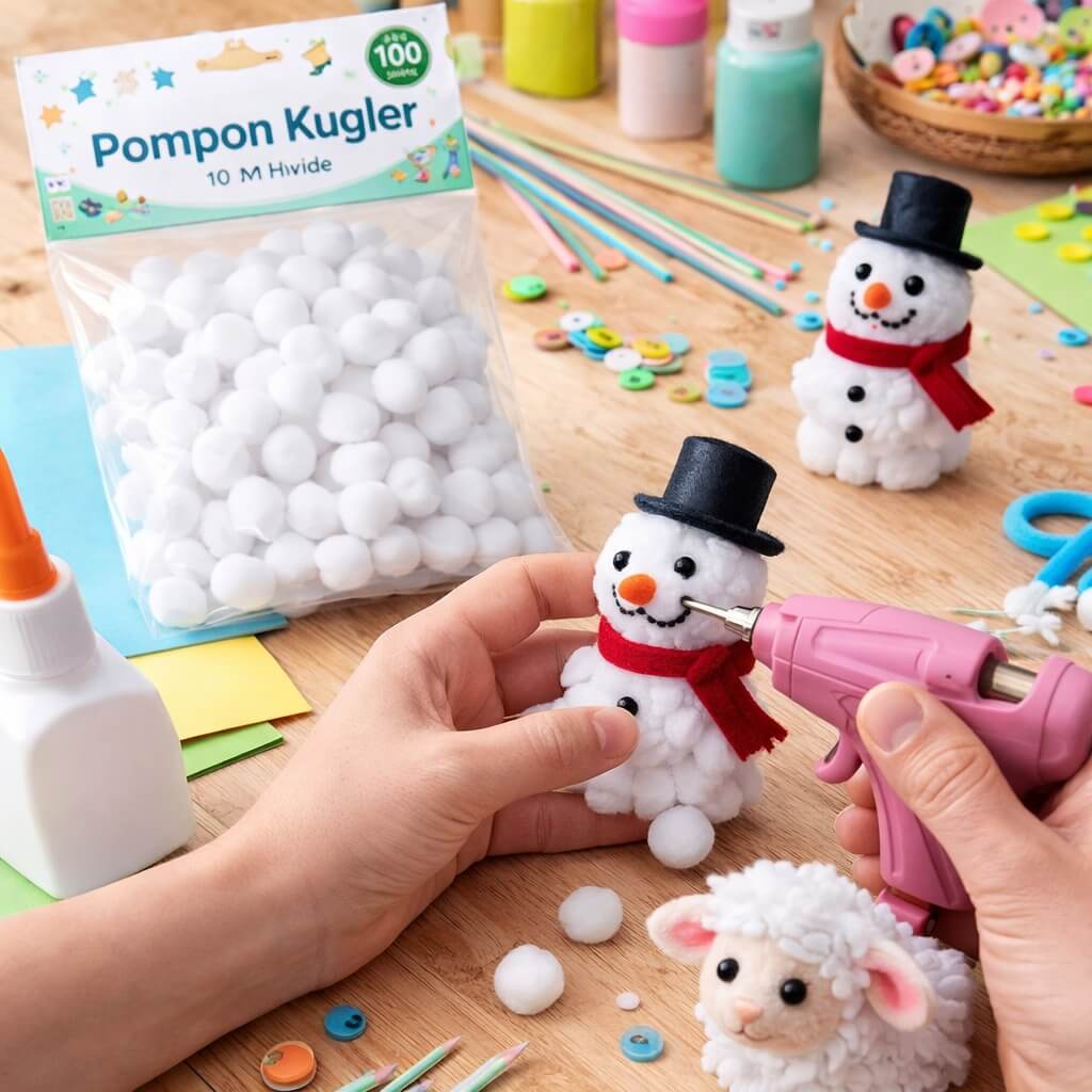 Brugsbillede af hvide pompon kugler 10 mm til DIY hobbyprojekt hvor en snemandsfigur laves med pomponer, limpistol og kreative materialer