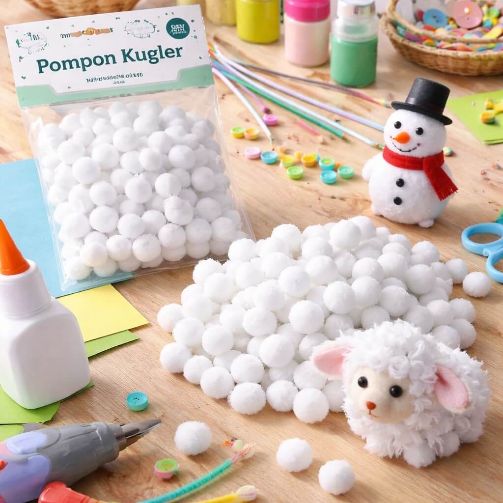 Stemningsbillede med hvide pompon kugler 10 mm til kreative hobbyprojekter med DIY figurer, hobbyartikler og dekorationer