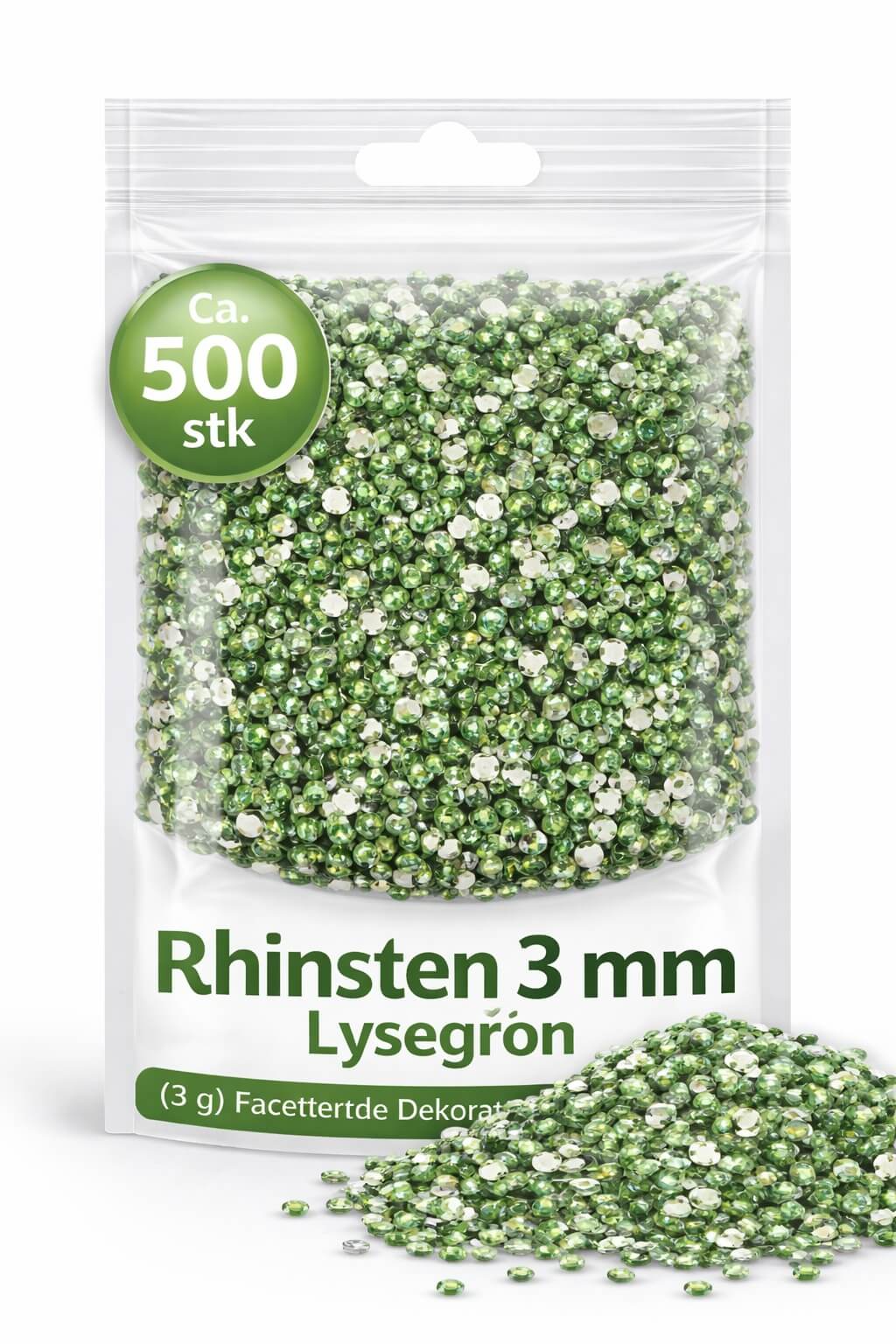 Rhinsten 3 mm lysegrøn ca 500 stk facetterede dekorationssten til scrapbooking negledesign mobil og DIY hobbyprojekter