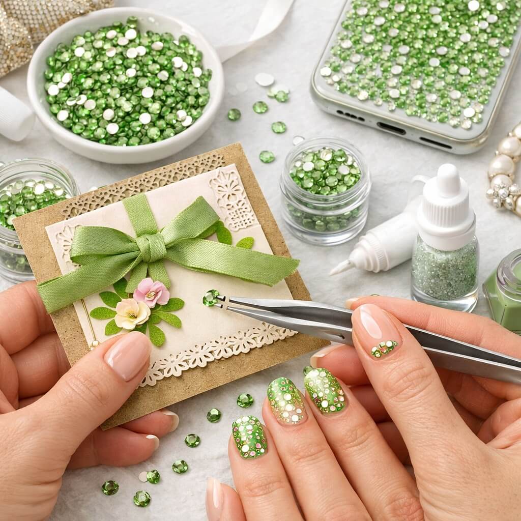 Person dekorerer kort med lysegrønne rhinsten 3 mm til scrapbooking negledesign mobilcover og DIY hobbyprojekter