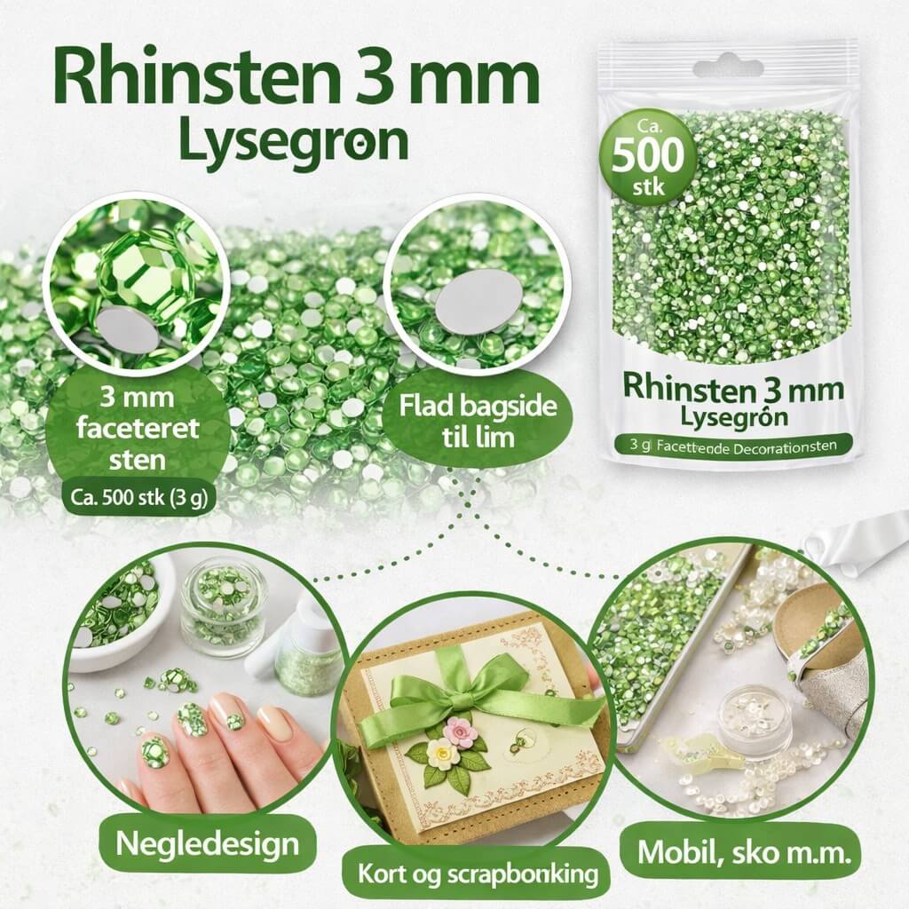 Lysegrønne rhinsten 3 mm ca 500 stk facetterede dekorationssten til negledesign scrapbooking mobil og DIY dekoration