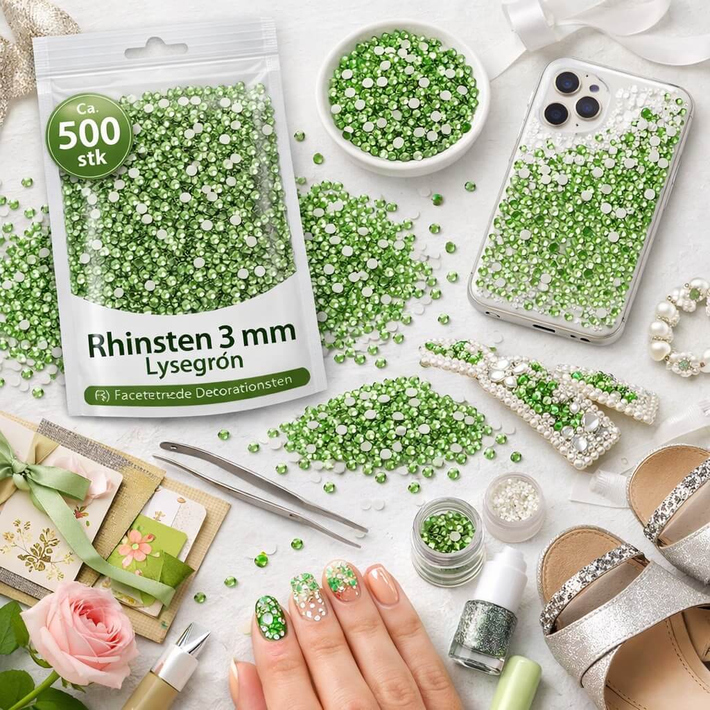 Lysegrønne rhinsten 3 mm til DIY dekoration negledesign scrapbooking mobilcover sko og kreative hobbyprojekter
