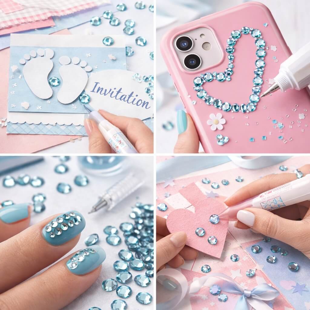 Lyseblå rhinsten 5 mm brugt til scrapbooking invitation negledesign mobildekoration og DIY hobbyprojekter