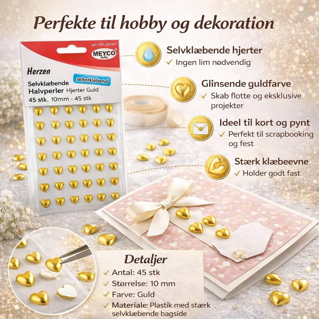 Infografik med selvklæbende guld halvperler hjerter 10 mm – 45 stk til DIY, kort og dekoration