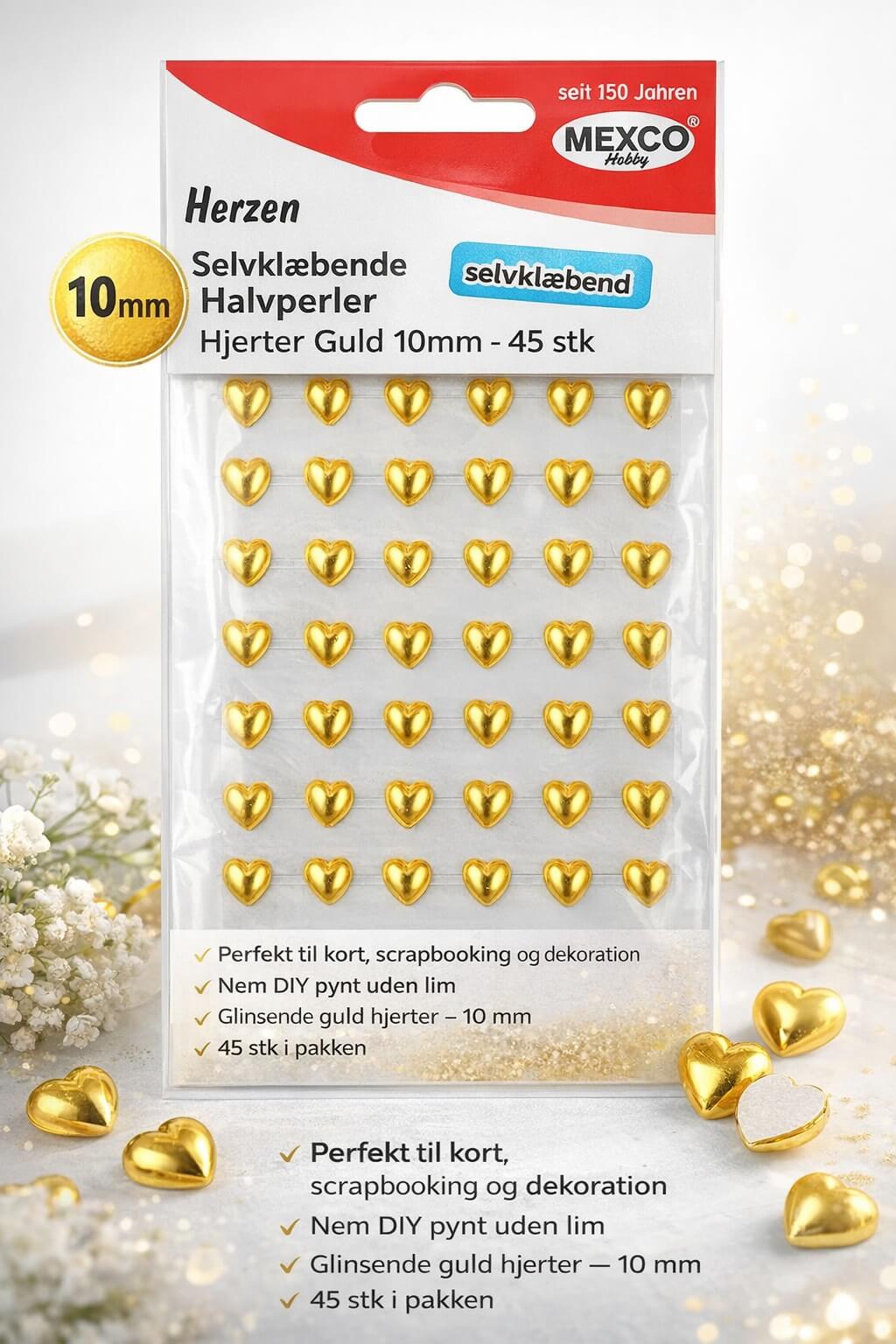 Selvklæbende guld halvperler hjerter 10 mm 45 stk – dekorationsperler til kort og DIY