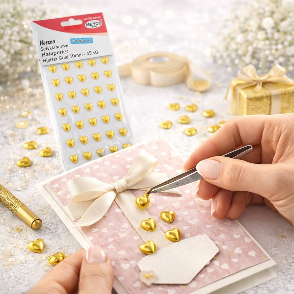 Person bruger selvklæbende guld hjerte halvperler til at dekorere kort og DIY projekt