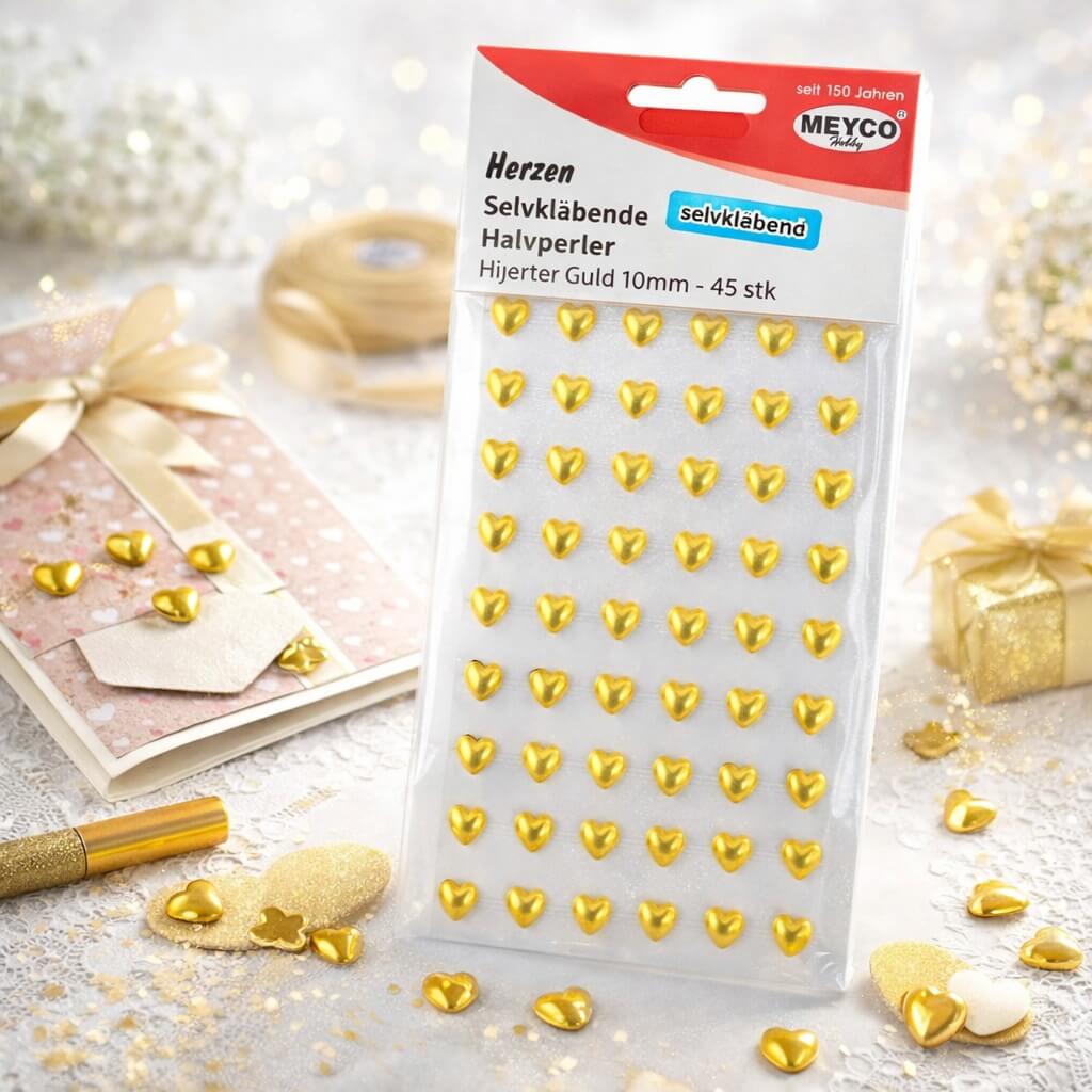 Selvklæbende guld hjerte halvperler brugt til kort, gaveindpakning og kreativ DIY dekoration