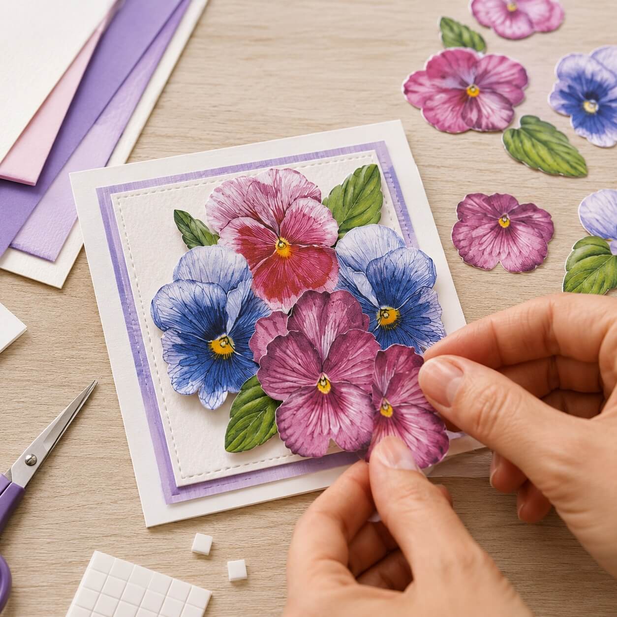Person laver håndlavet kort med 3D ark Dan Design 13559 Blomster og 3D skumpuder til kortfremstilling