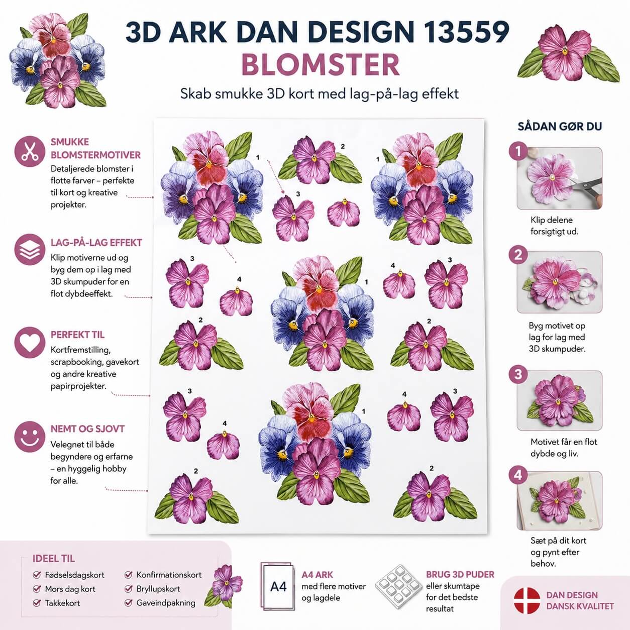 3D ark Dan Design 13559 Blomster infografik med guide til kortfremstilling og lag-på-lag 3D effekt