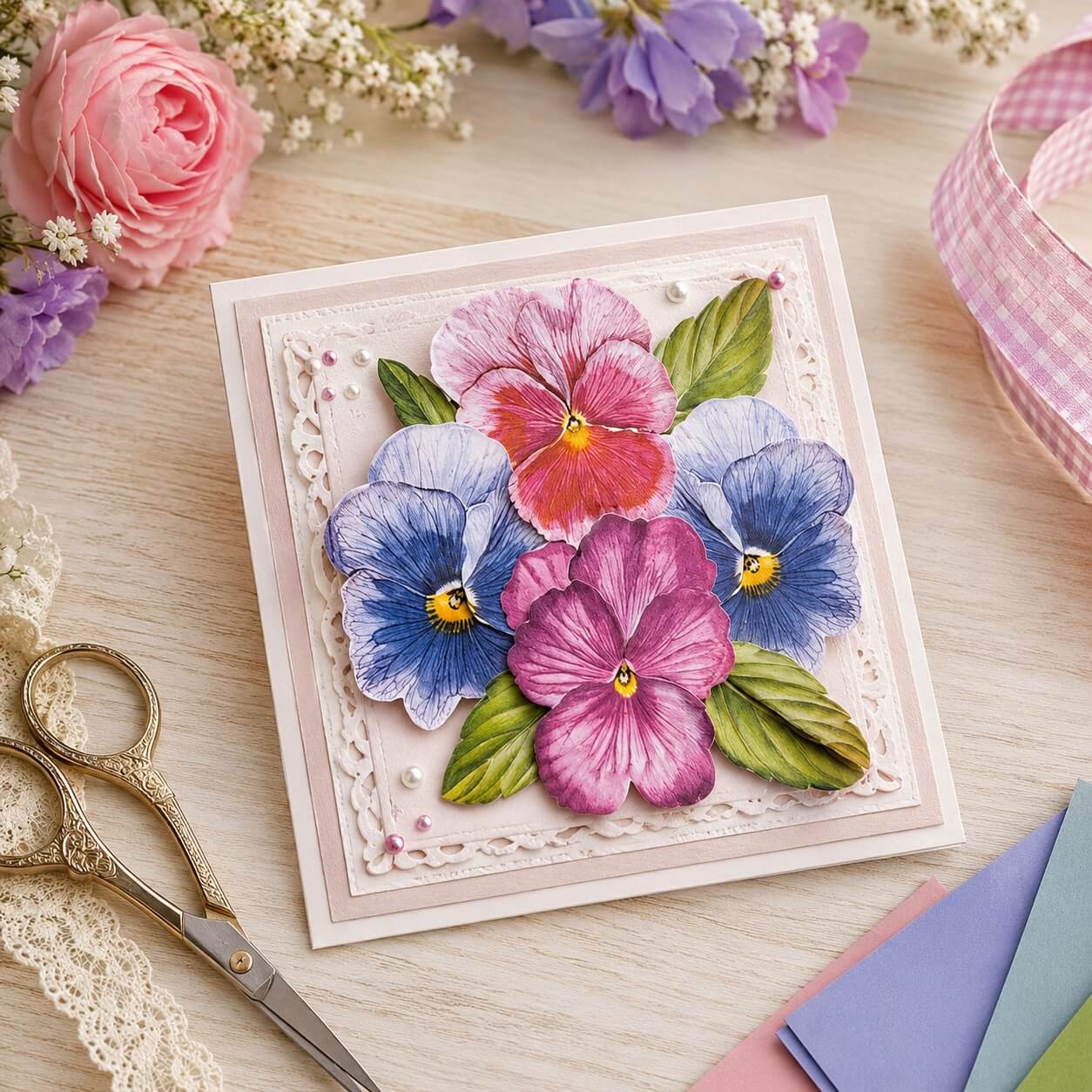 Håndlavet blomsterkort lavet med 3D ark Dan Design 13559 Blomster omgivet af kreative hobbyartikler