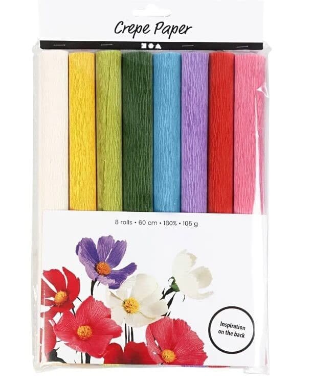 Crepepapir sæt, standardfarver, 8 ark, 25x60 cm, 180%, 105g