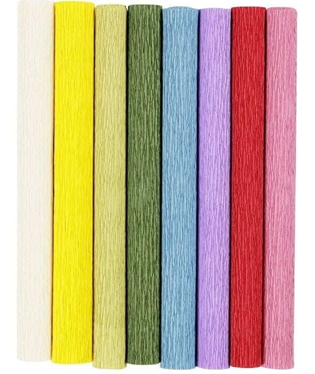 Crepepapir sæt, standardfarver, 8 ark, 25x60 cm, 180%, 105g