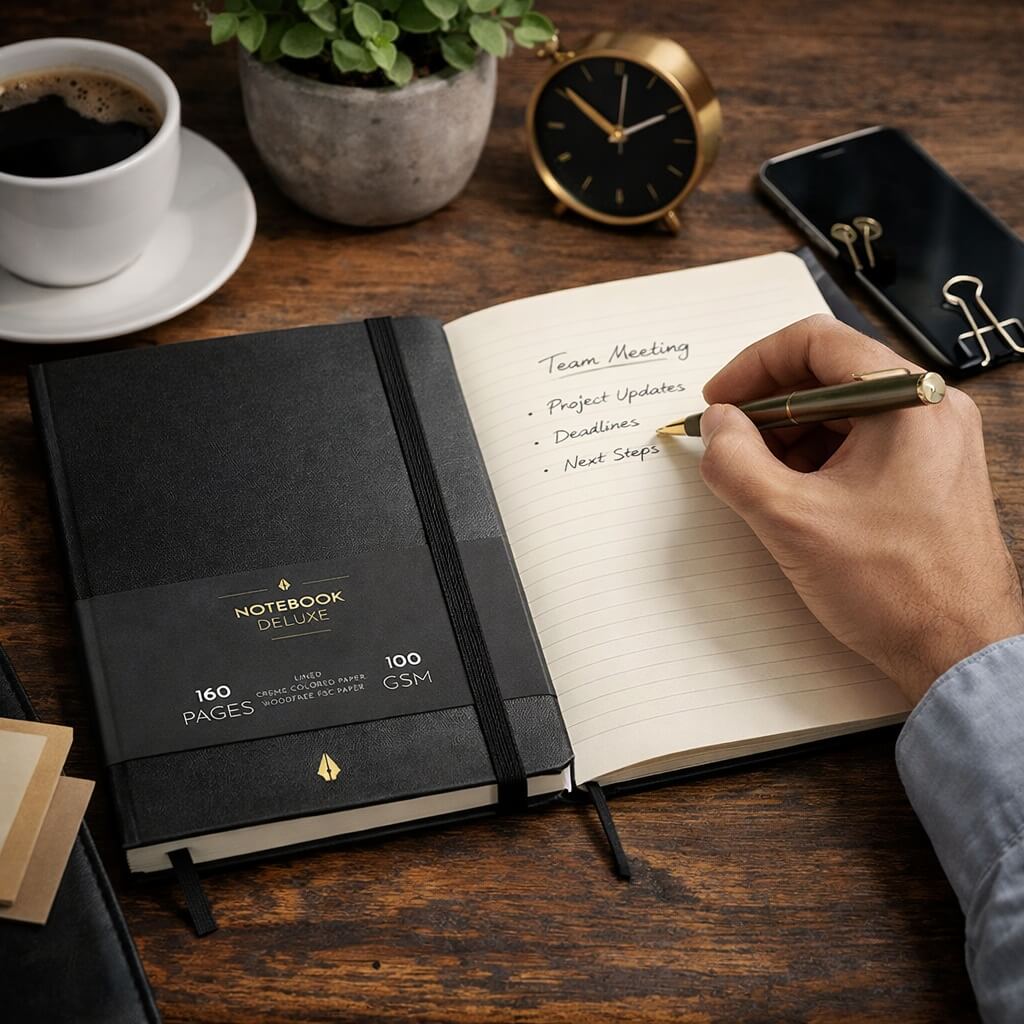 Mayland Notesbog Deluxe B5 Black med 160 sider 100g papir i brug ved skrivebord, person skriver mødenoter i elegant sort hardcover notesbog