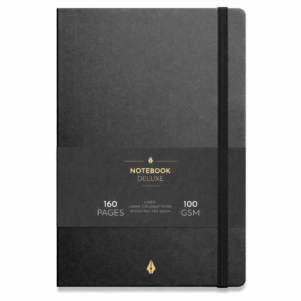 Mayland Notesbog Deluxe B5 Black med 160 sider og 100g papir, sort hardcover med elastiklukning på hvid baggrund
