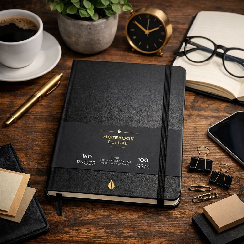 Mayland Notesbog Deluxe B5 Black med 160 sider 100g papir på træskrivebord omgivet af kontorartikler – elegant sort hardcover notesbog