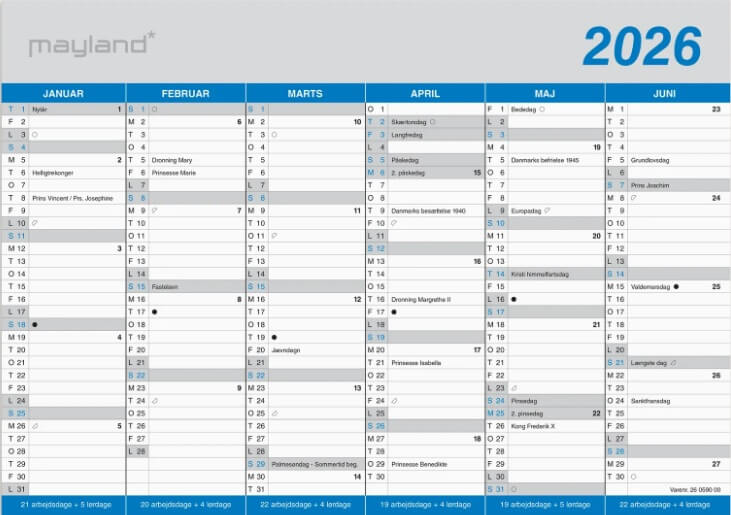 Mayland Kontorkalender Klassisk A4 2026 med tydeligt månedsoversigt, helligdage og dagsfelter i blå og grå farver.