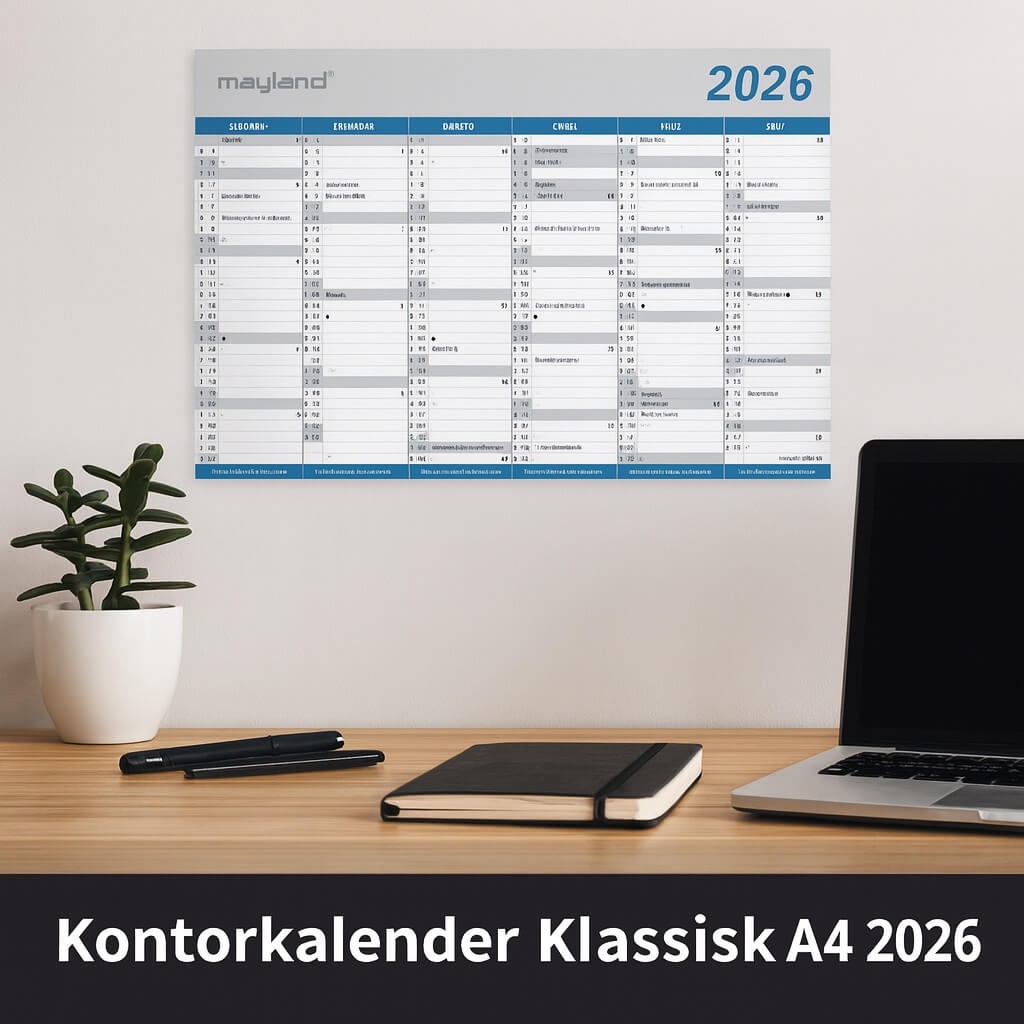 Mayland Kontorkalender Klassisk A4 2026 med tydeligt månedsoversigt, helligdage og dagsfelter i blå og grå farver.