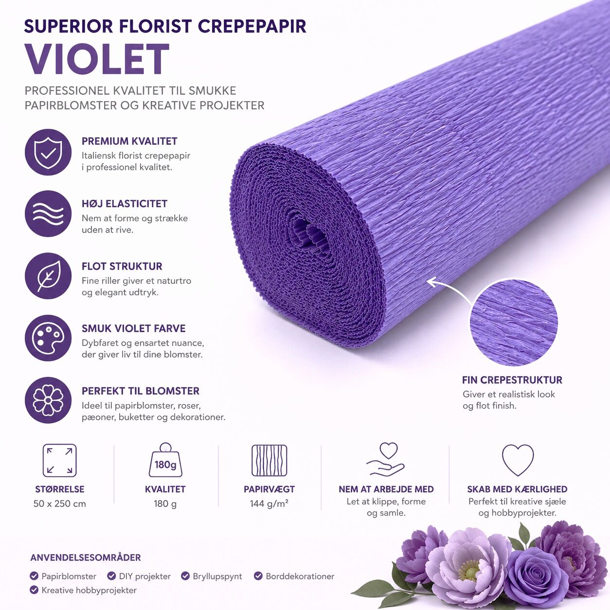 Cartotecnica Rossi Superior Florist Crepepapir violet 50x250cm 180g infografik til papirblomster og kreative DIY projekter