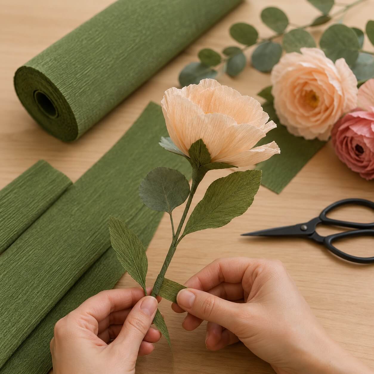 Brugsbillede af Cartotecnica Rossi Superior Florist Crepepapir Olive Green 180g brugt til at lave papirblomster og grønne blade