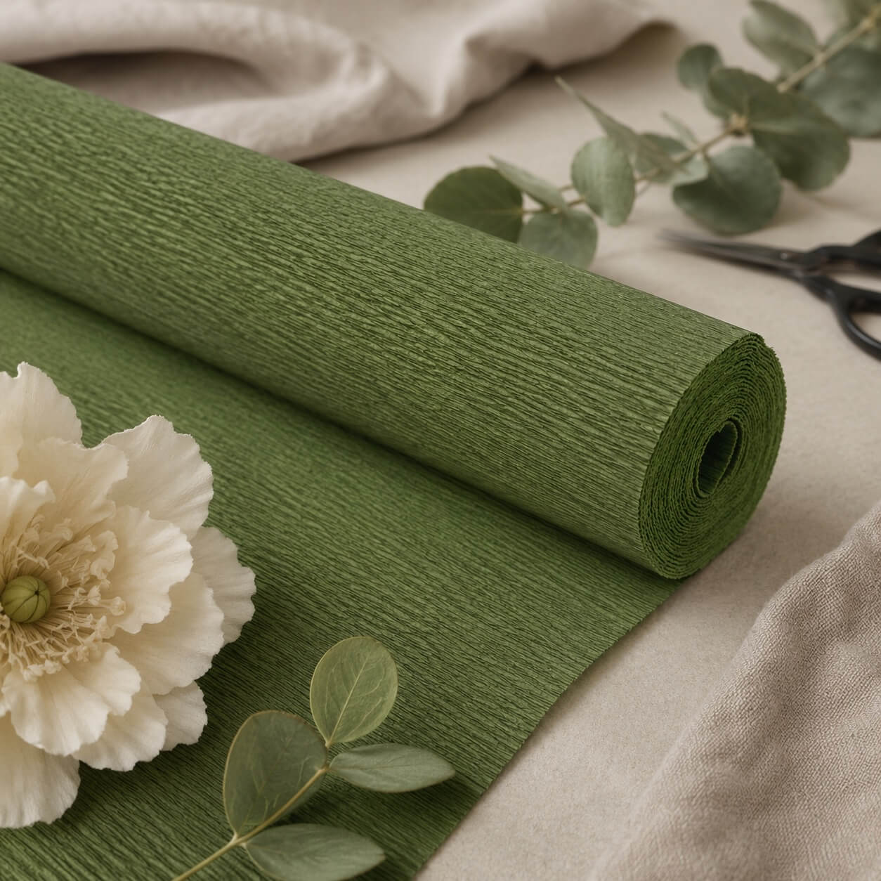 Stemningsbillede af Cartotecnica Rossi Superior Florist Crepepapir Olive Green 180g med papirblomst og botaniske detaljer