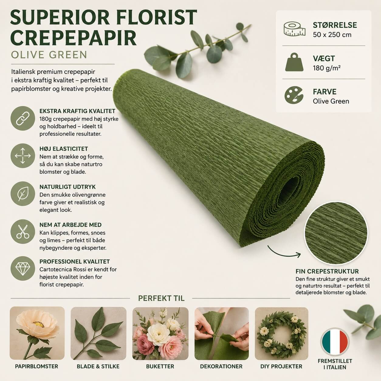 Infografik med Cartotecnica Rossi Superior Florist Crepepapir Olive Green 50x250cm 180g i olivengrøn farve med information om størrelse, kvalitet og anvendelse