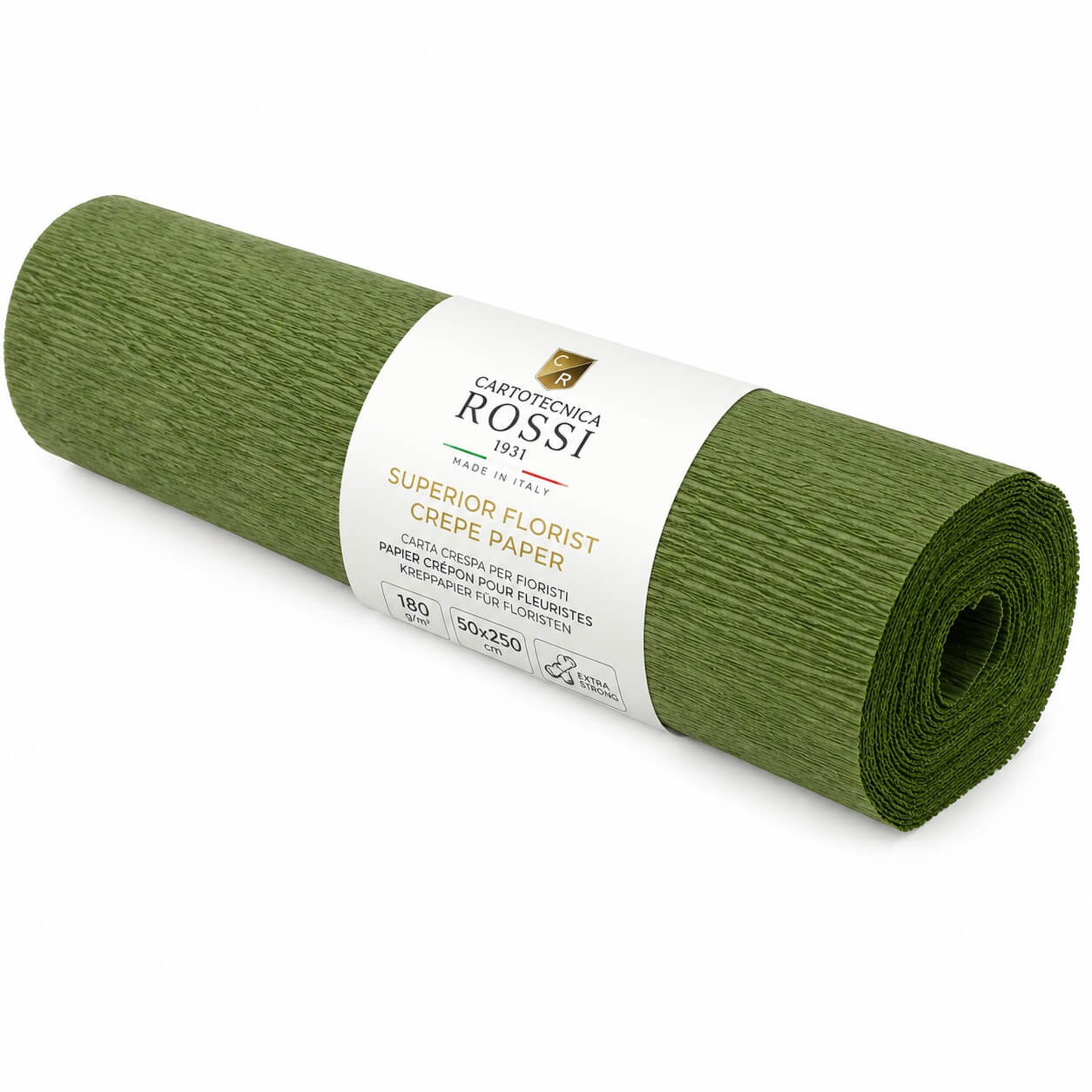 Packshot af Cartotecnica Rossi Superior Florist Crepepapir Olive Green 50x250cm 180g i olivengrøn farve på hvid baggrund