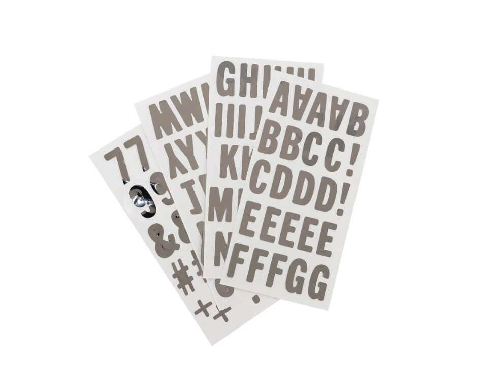 Vinyl stickers alfabetet og tal i sølv