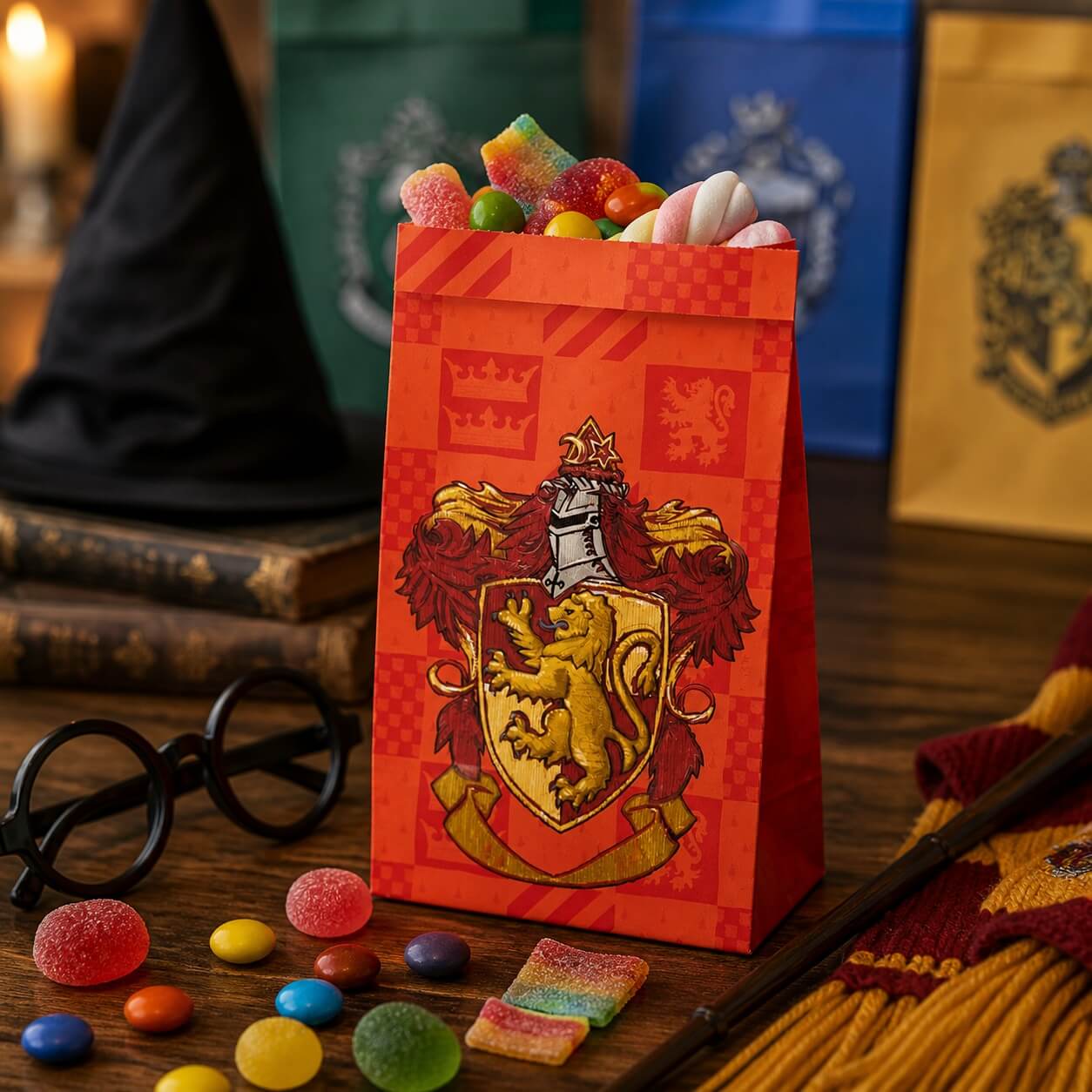 Harry Potter slikposer fyldt med slik på bord til børnefødselsdag med tema