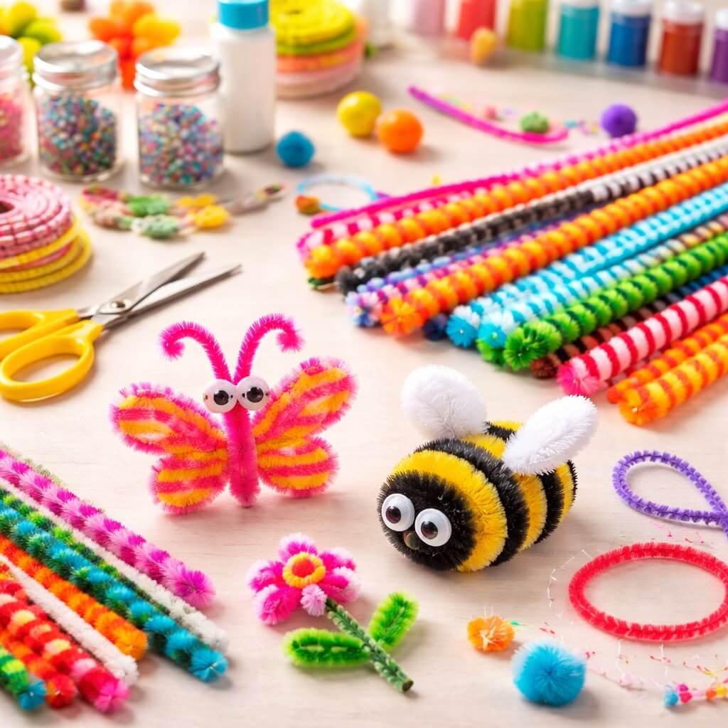 Kreativ hobby scene med piberensere med striber i mix farver, sommerfugl og bi lavet af piberensere
