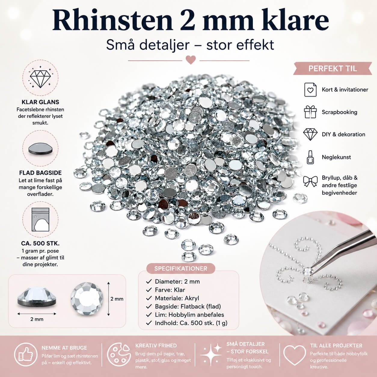 Infografik med Rhinsten 2 mm klare 1 g, ca. 500 flatback rhinsten til scrapbooking, kortfremstilling, DIY, dekoration og neglekunst.