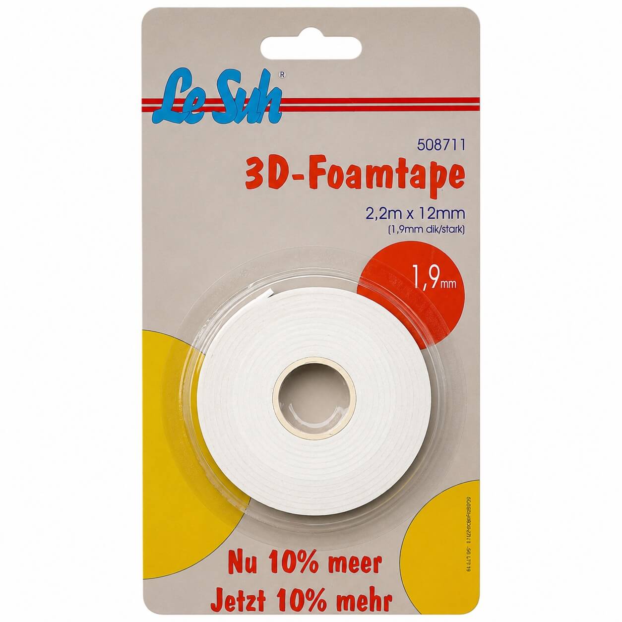 Dobbeltklæbende skum tape 1,9 mm x 2,2 m fra Le Suh på original emballage til kortfremstilling, scrapbooking og 3D hobbyprojekter.