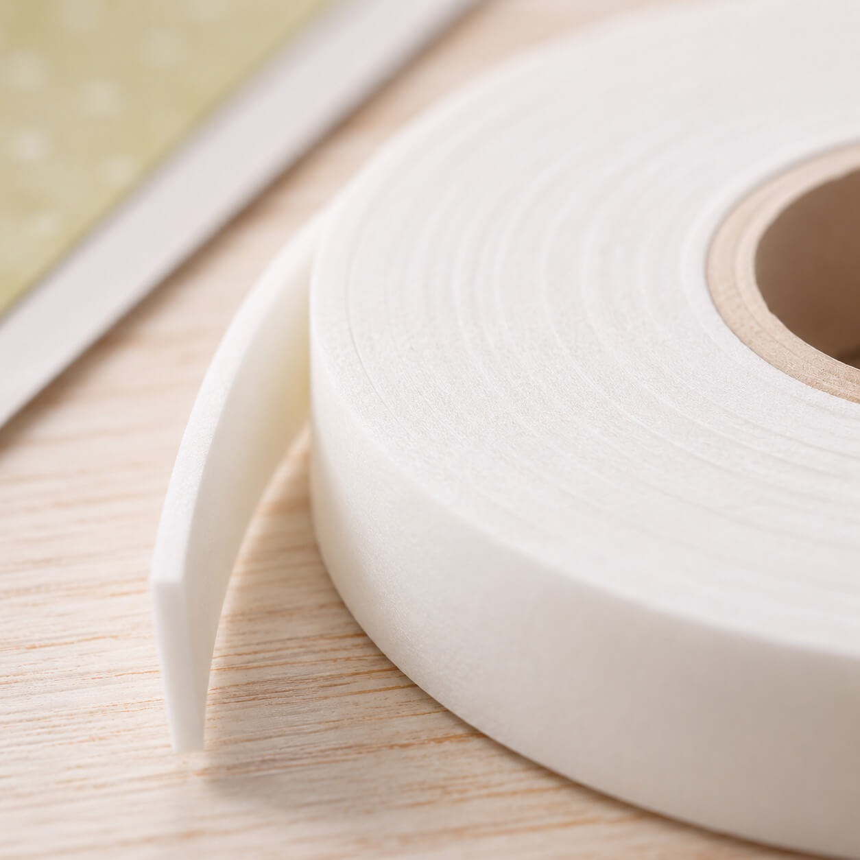 Close-up af dobbeltklæbende skum tape 1,9 mm tykkelse, der viser skummaterialets struktur og tykkelse til kreative hobbyprojekter.