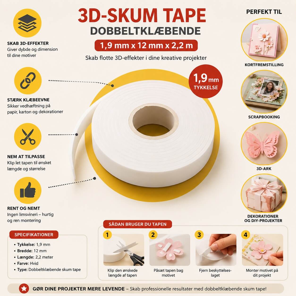 Infografik af dobbeltklæbende skum tape 1,9 mm x 2,2 m med information om 3D-effekter, hobbyprojekter, scrapbooking og kortfremstilling.
