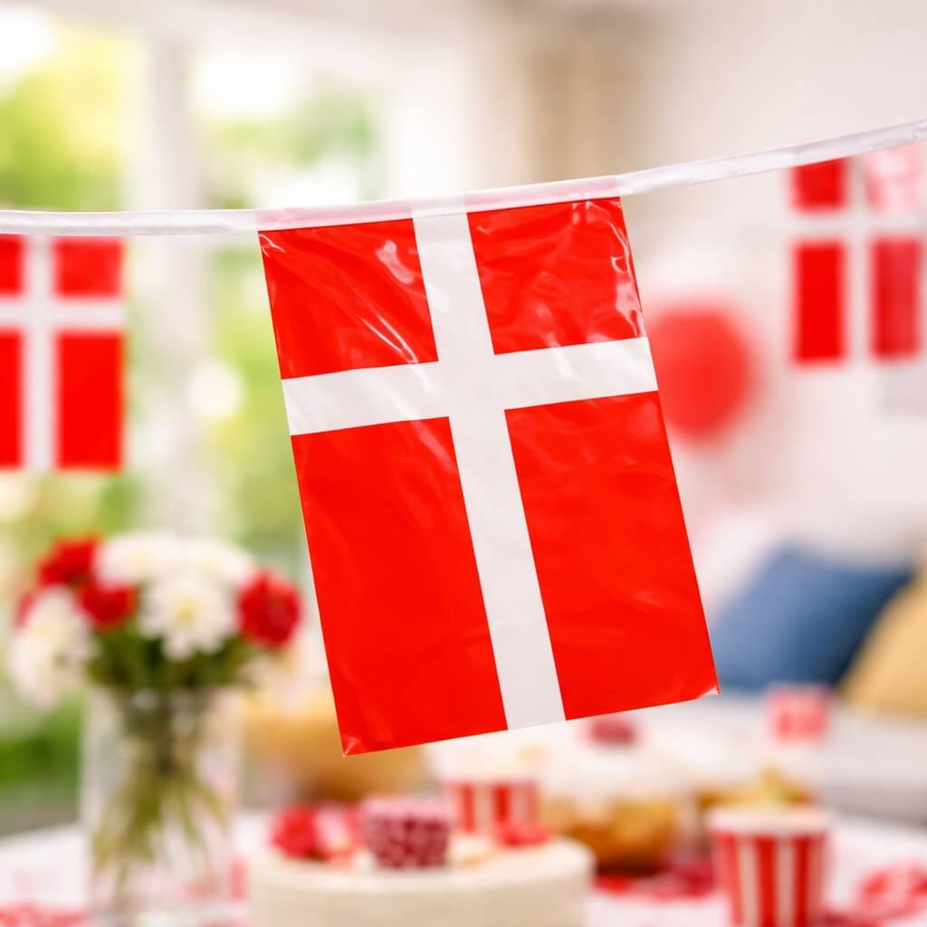Close-up af Dannebrog flag på flagguirlande i plast med detaljeret overflade og ophæng til fest og fødselsdag