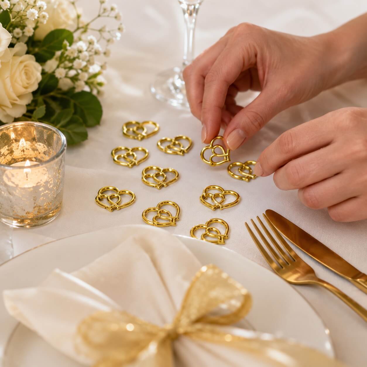Bordpynt guld hjerter 15 stk. brugt som elegant borddekoration til bryllup med stearinlys, blomster og opdækning.
