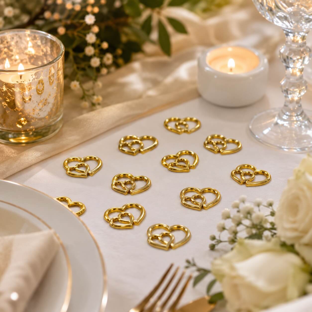 Bordpynt Guld Hjerter 15 stk. på elegant festbord med stearinlys, hvide blomster og romantisk borddækning til bryllup og fest.