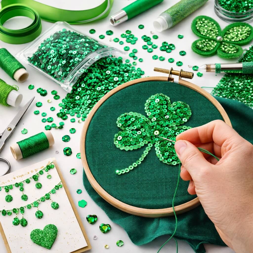 DIY-projekt med grønne pailletter: stofpose med hjerte og hjemmelavet kort.