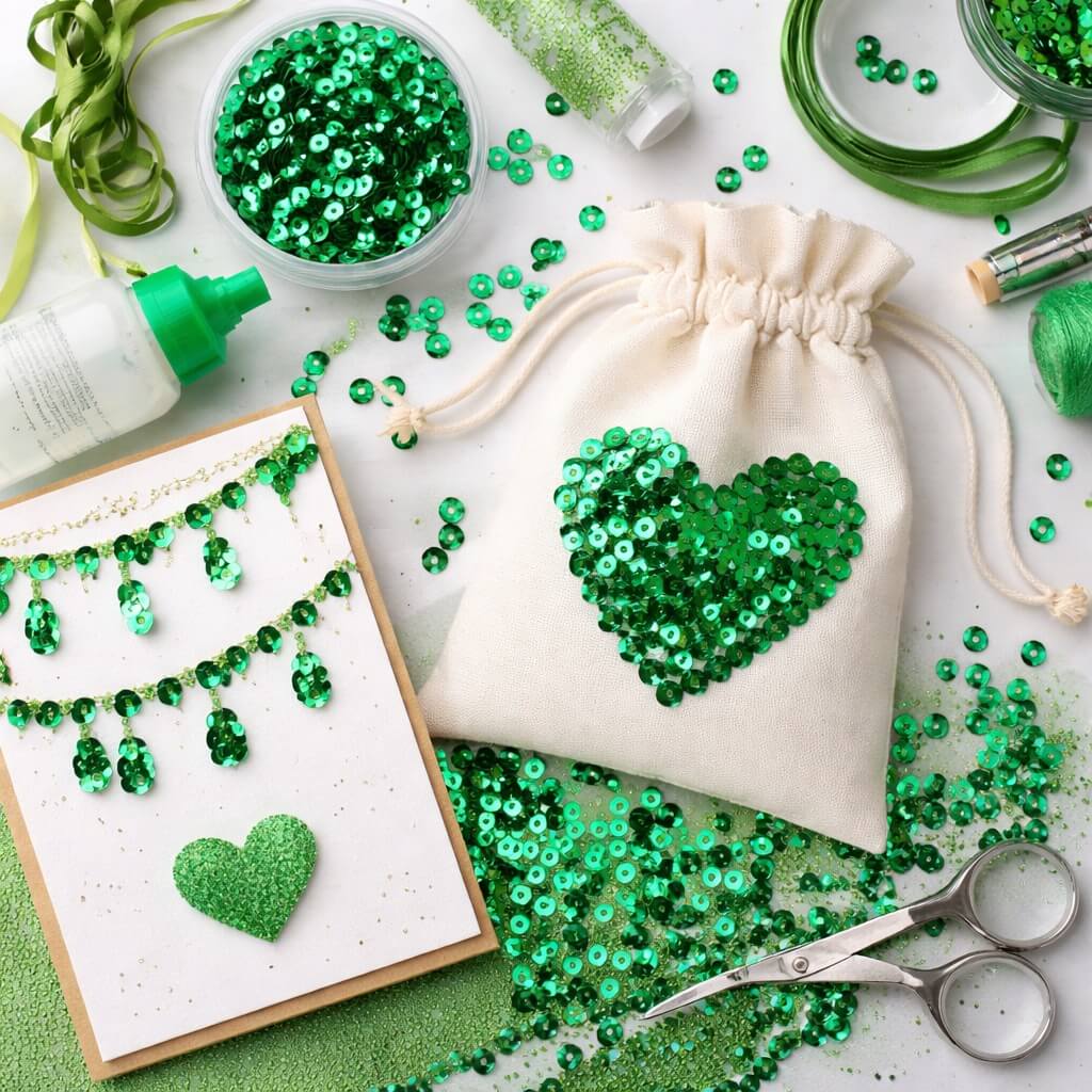 DIY-projekt med grønne pailletter: stofpose med hjerte og hjemmelavet kort.