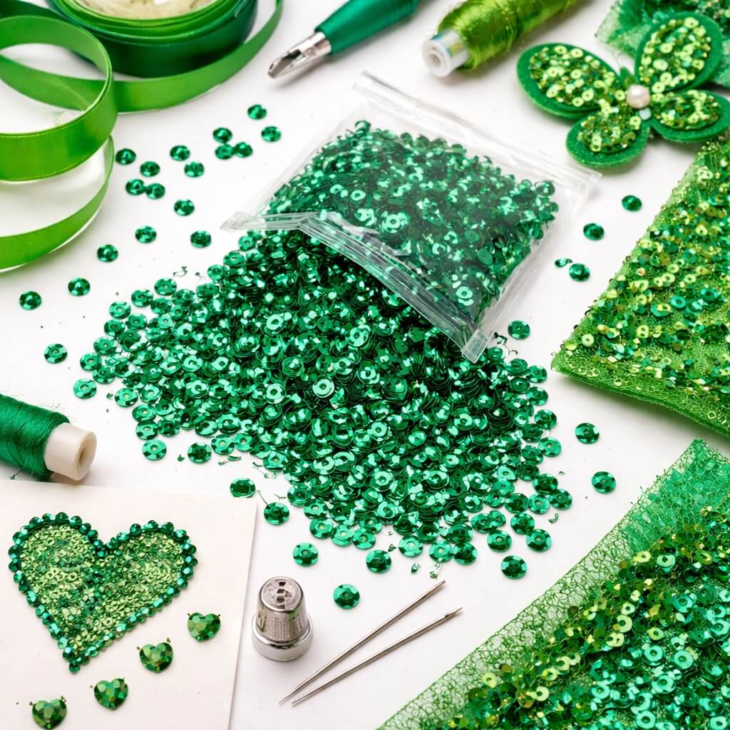 Grønne pailletter og sytilbehør til DIY og kreative hobbyprojekter.