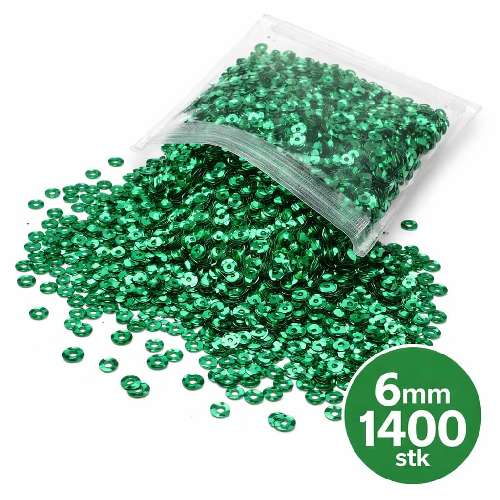 Grønne palietter 6mm – 1400 stk i pose til hobby, syning og dekoration