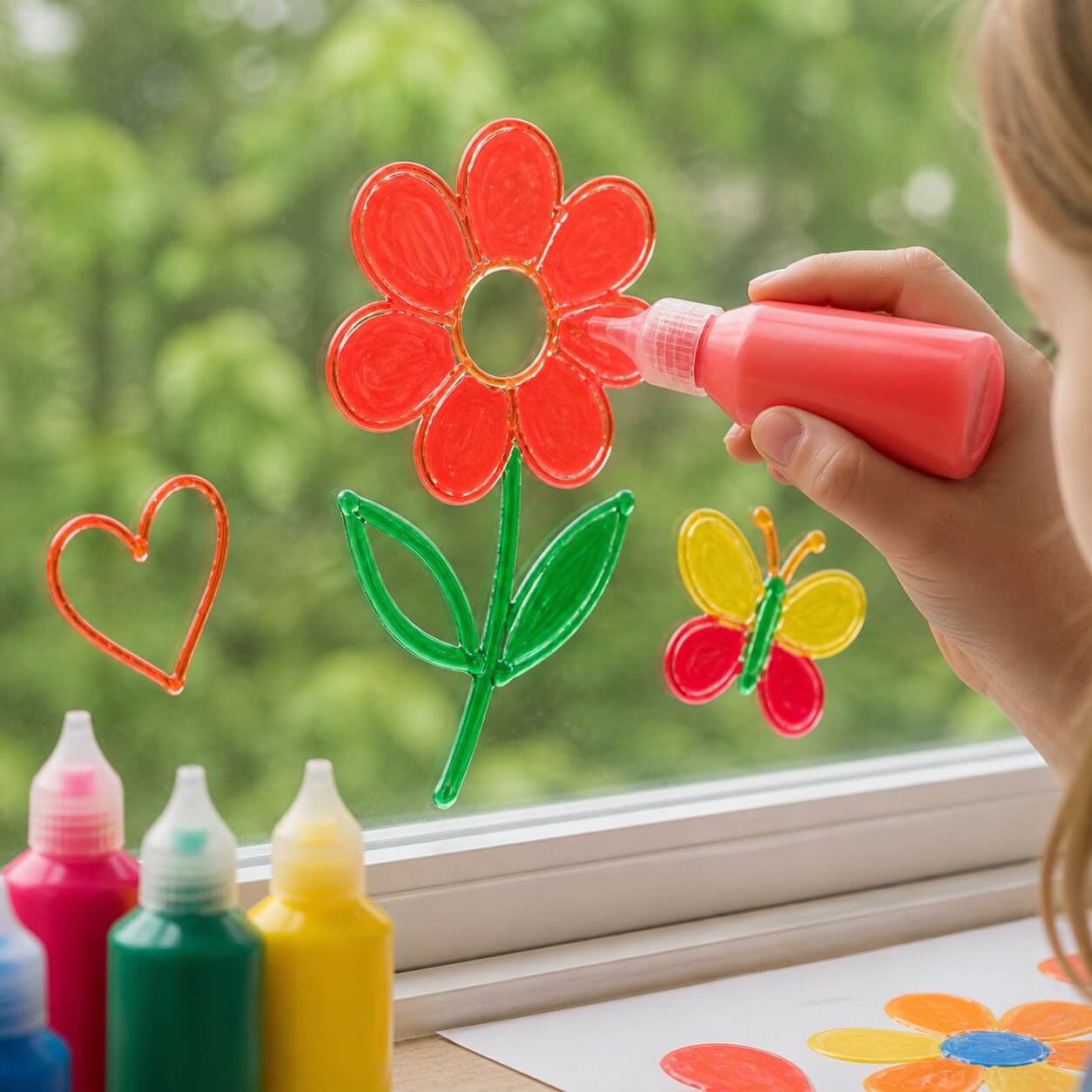 Barn bruger vinduesmaling neon rød til at tegne blomst på vindue – kreativ maling til børn