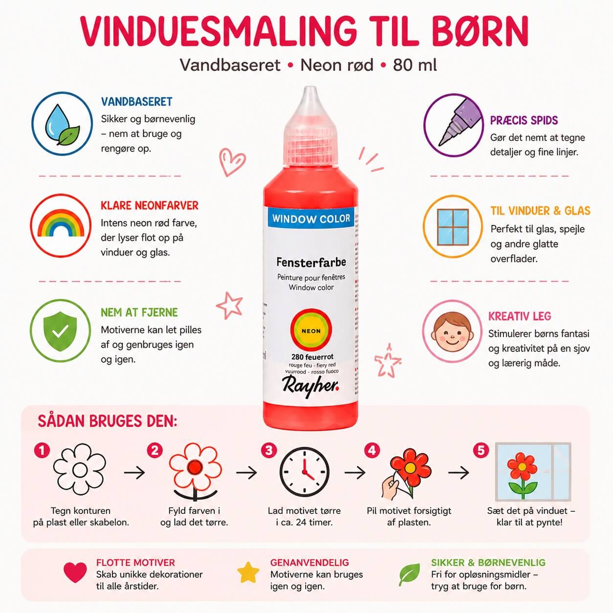 Infografik med vinduesmaling til børn neon rød 80 ml – guide til brug, fordele og kreative muligheder