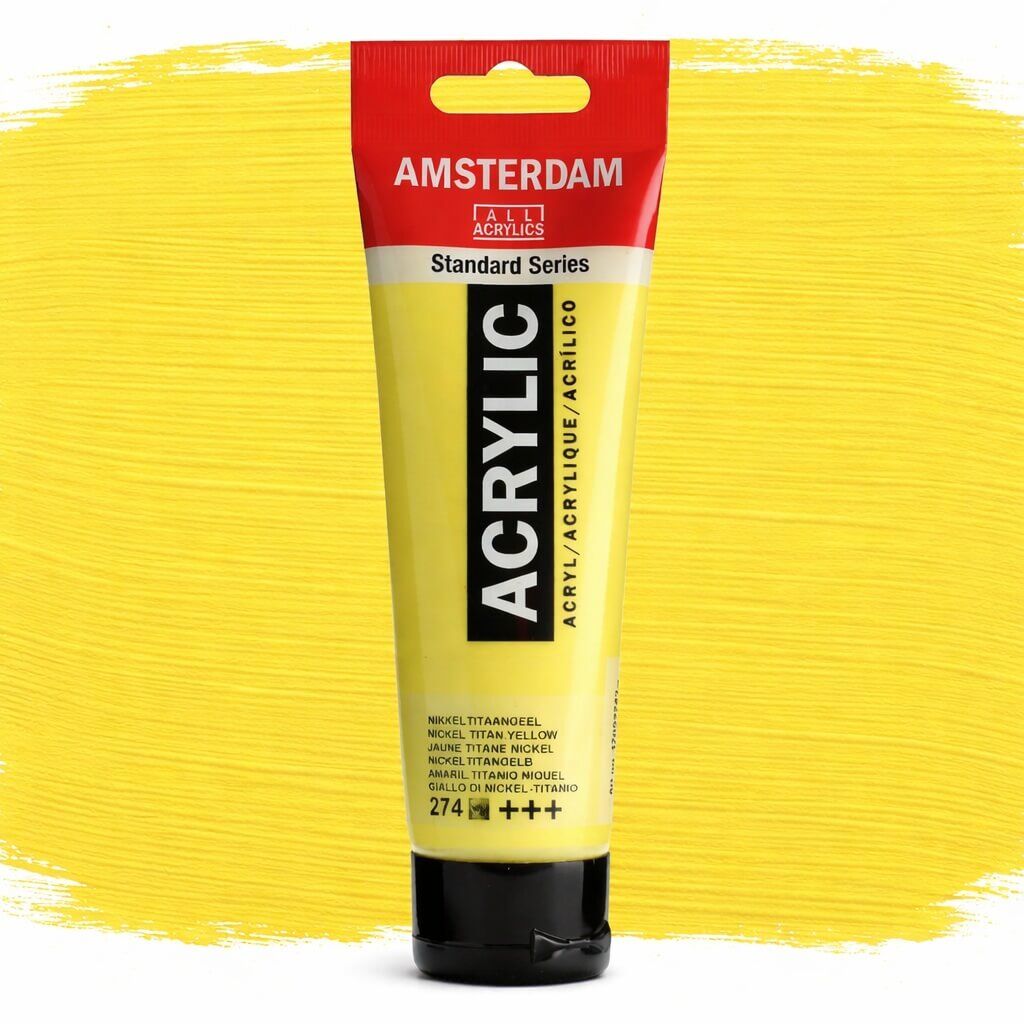 Amsterdam Standard akrylmaling Nickel Titanium Yellow 120 ml tube gul kunstnermaling på gul malet baggrund