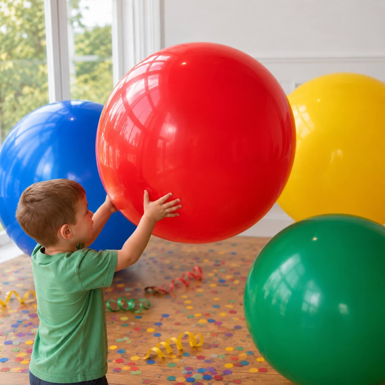 Barn leger med Gigant Balloner Mix 130 cm i rød, blå, gul og grøn – ekstra store latexballoner til fødselsdag, fest og ballondekoration.