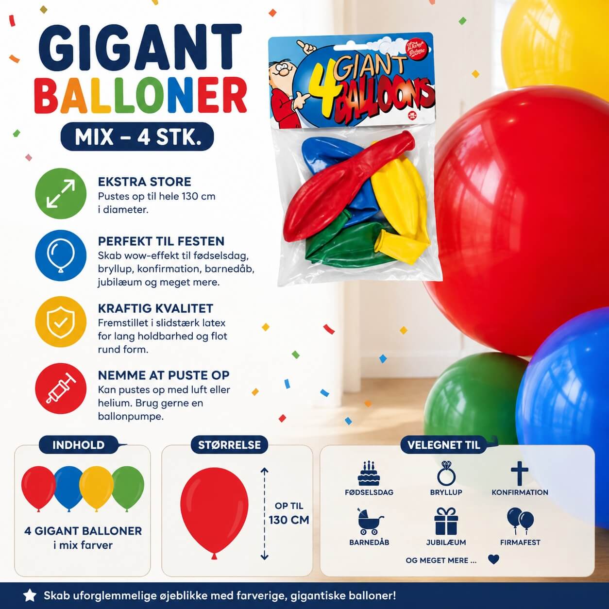Infografik med Gigant Balloner Mix 4 stk. 130 cm i blandede farver – ekstra store latexballoner til fødselsdag, bryllup, konfirmation og fest.